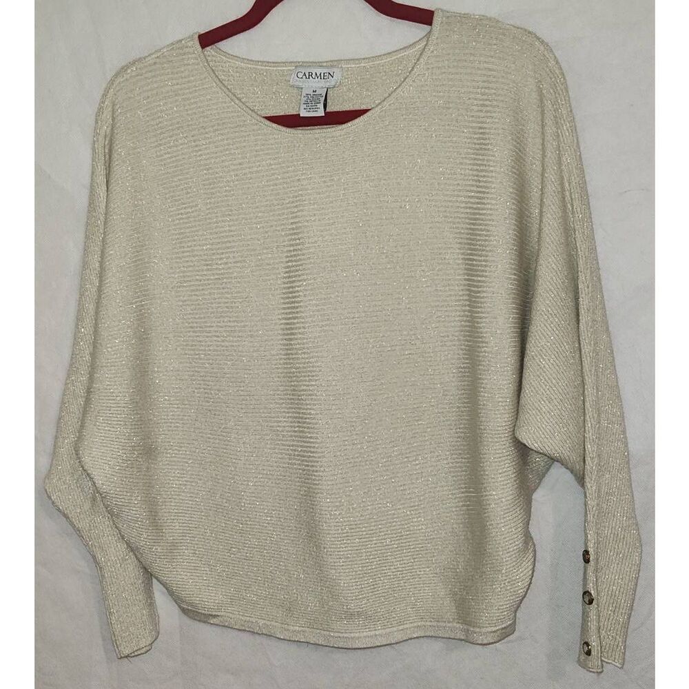 Carmen Marc Valvo Womens Ivory/Soft Gold Lurex Metallic Pullover Sweater NWT Siz